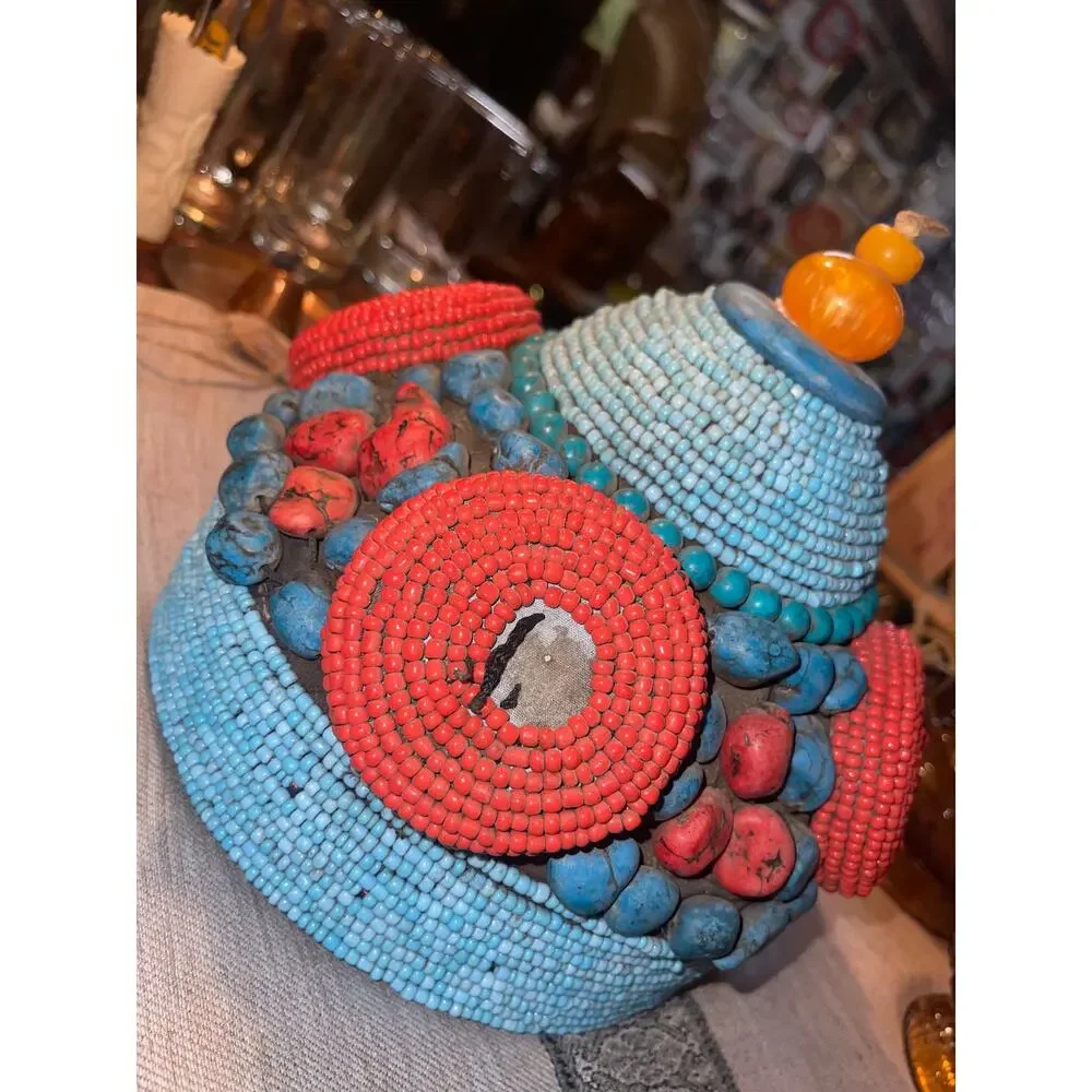 Antique Tibetan Ceremonial Beaded Headdress/Hat  - As Is